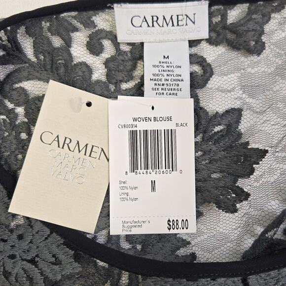 New Carmen Marc Valvo Womens Medium Nylon Lace Overlay Half Bell Sleeve Blouse - Picture 4 of 4